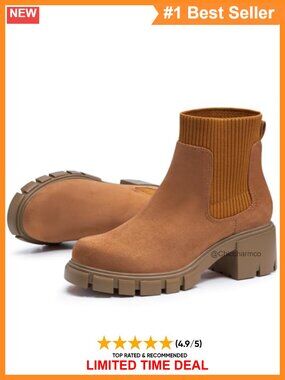 Womens Chelsea Ankle Boots Suede Chunky Heel Elastic Slip On Winter Booties